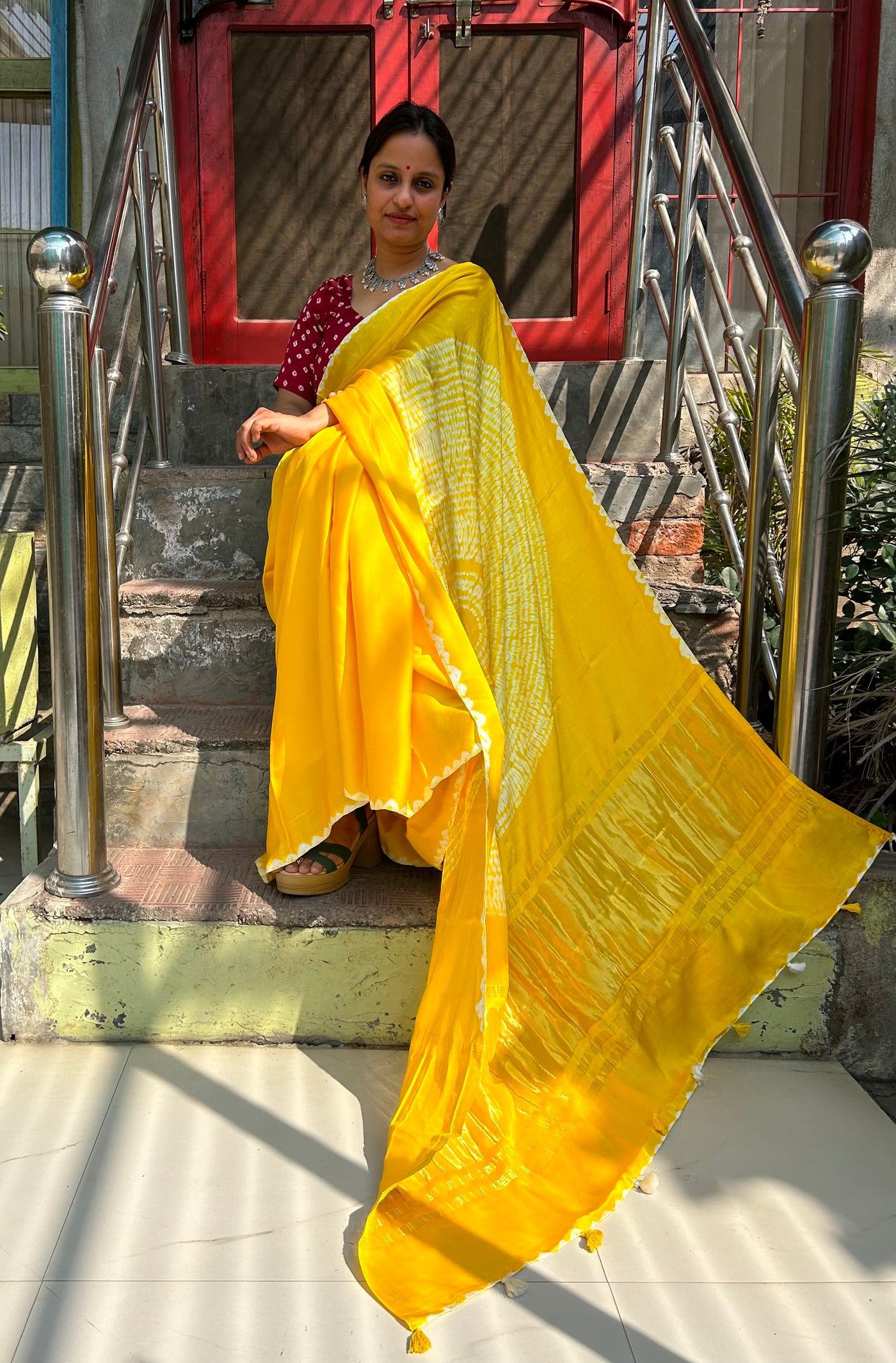 KUNTI: Handmade Shibori Dyed Modal Silk Tissue Pallu Saree