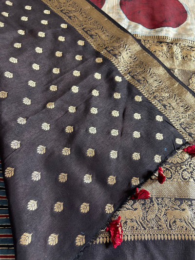 HEMA :INDIGO,HANDBLOCK AJRAKH DOLA SILK SAREE WITH MEENAKARI PALLU.