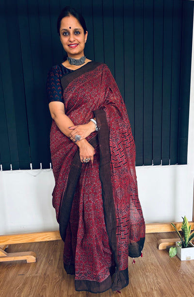 RAINA:HANDBLOCK AJRAKH PURE SILK-LINEN SAREE