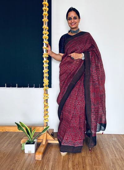 RAINA:HANDBLOCK AJRAKH PURE SILK-LINEN SAREE