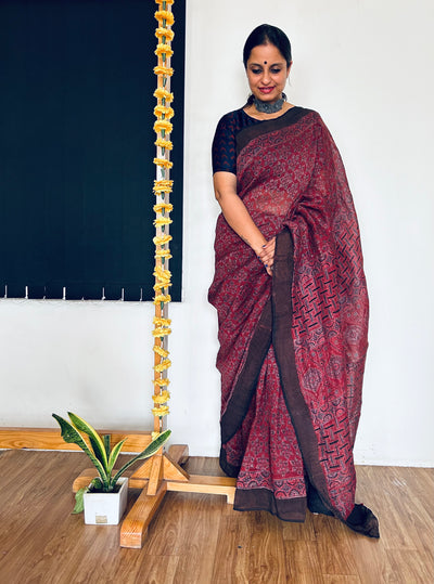 RAINA:HANDBLOCK AJRAKH PURE SILK-LINEN SAREE