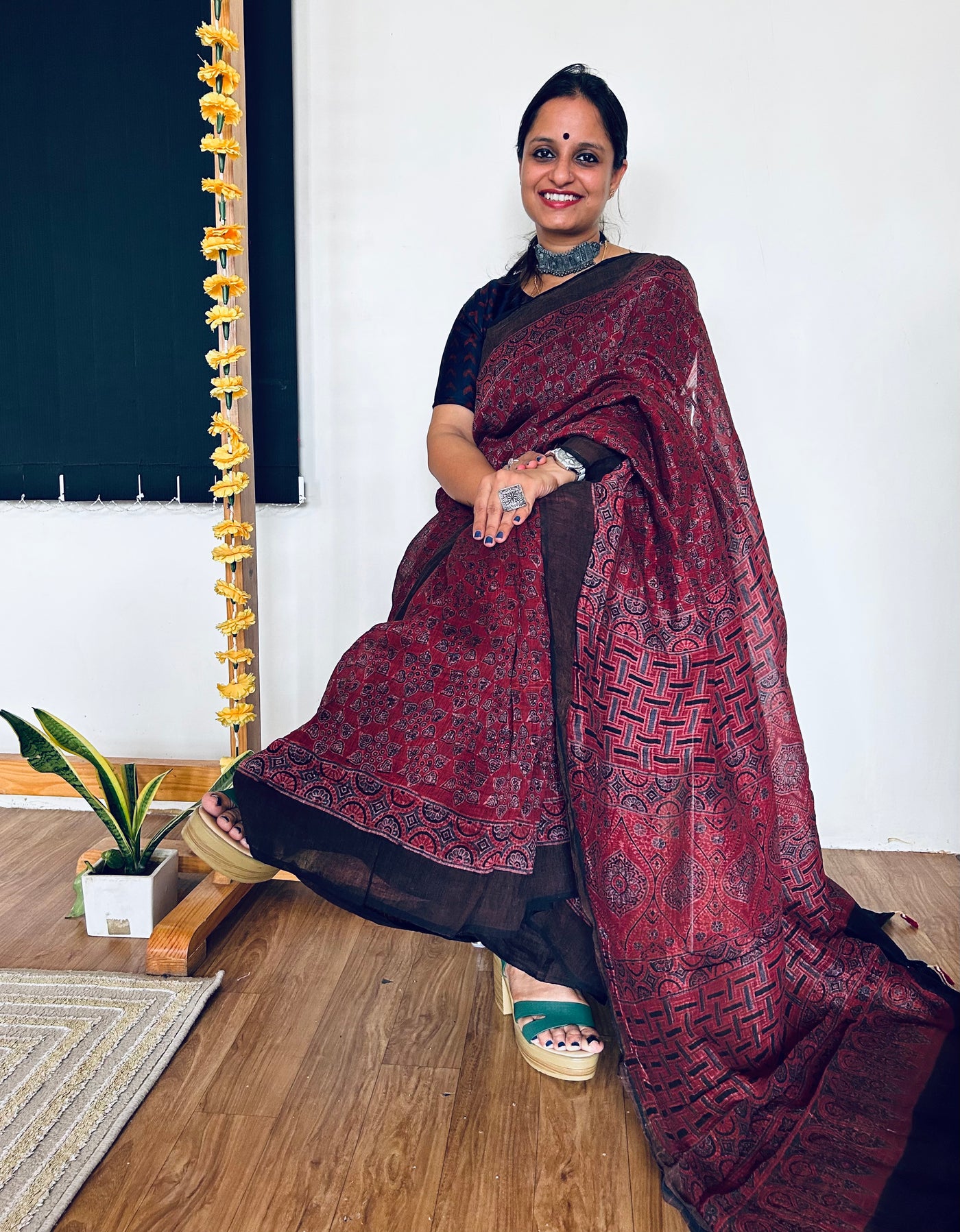 RAINA:HANDBLOCK AJRAKH PURE SILK-LINEN SAREE