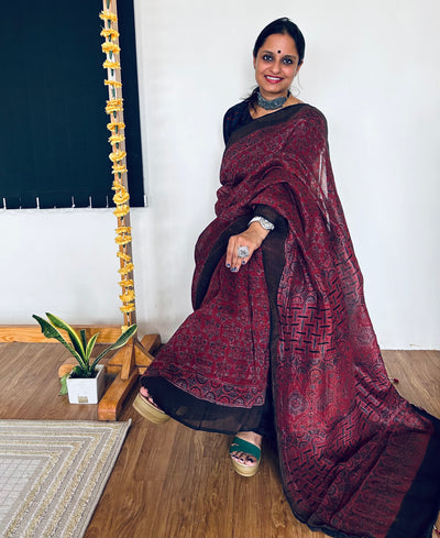 RAINA:HANDBLOCK AJRAKH PURE SILK-LINEN SAREE