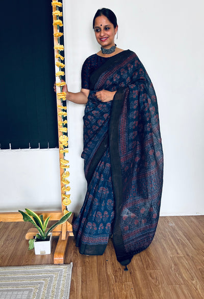 KUNDAN:HANDBLOCK AJRAKH PURE SILK-LINEN SAREE