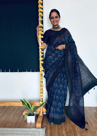 KUNDAN:HANDBLOCK AJRAKH PURE SILK-LINEN SAREE