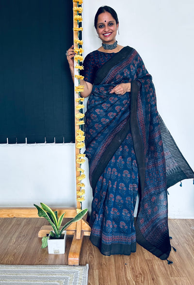 KUNDAN:HANDBLOCK AJRAKH PURE SILK-LINEN SAREE