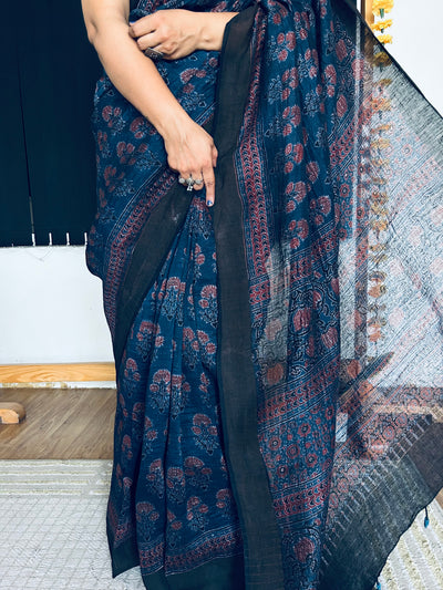 KUNDAN:HANDBLOCK AJRAKH PURE SILK-LINEN SAREE