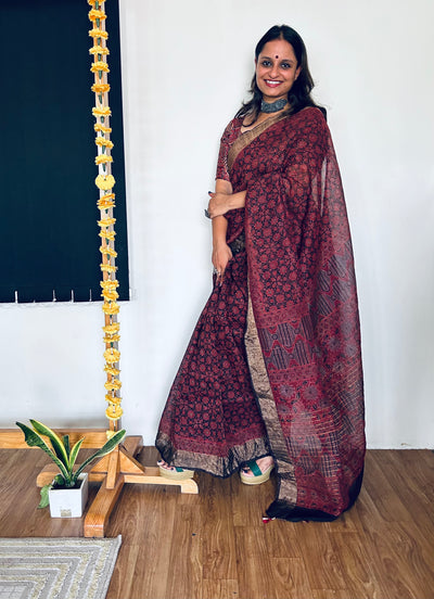 SHOBHITA:HANDBLOCK AJRAKH PURE SILK-LINEN SAREE