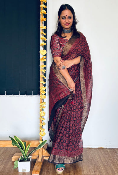 SHOBHITA:HANDBLOCK AJRAKH PURE SILK-LINEN SAREE