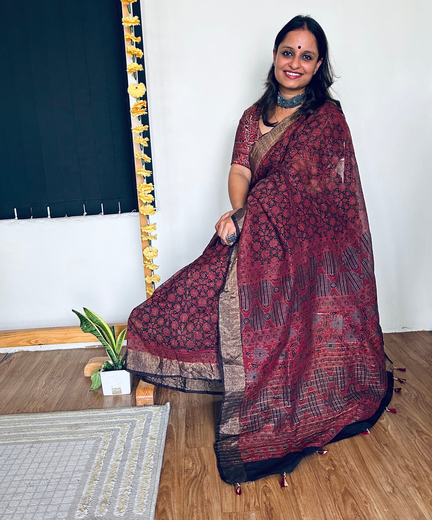 SHOBHITA:HANDBLOCK AJRAKH PURE SILK-LINEN SAREE