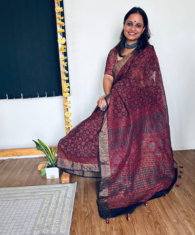 SHOBHITA:HANDBLOCK AJRAKH PURE SILK-LINEN SAREE