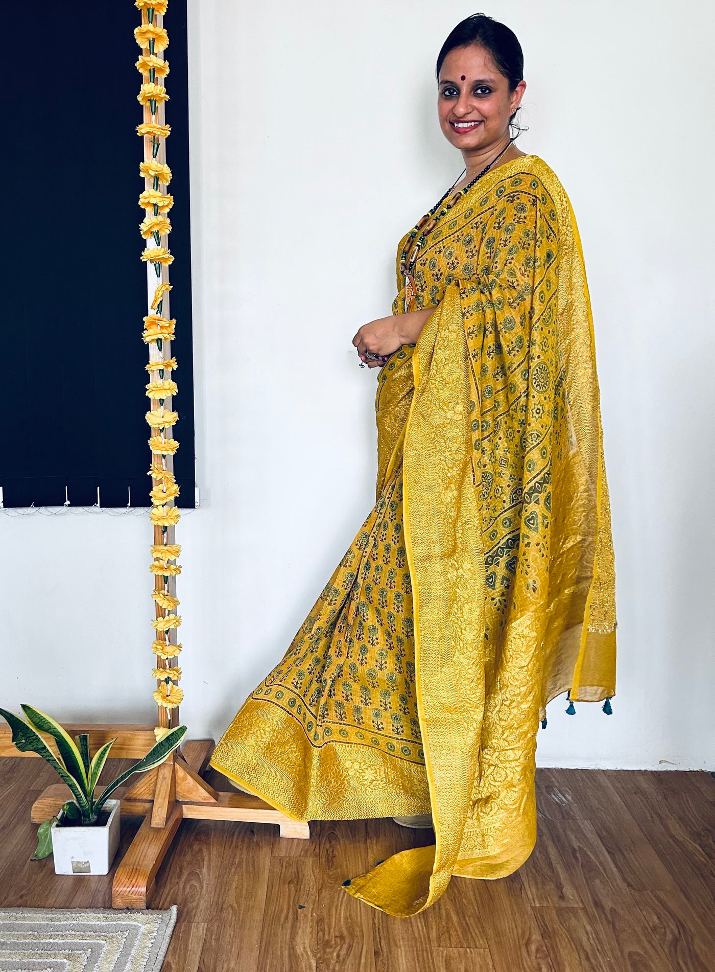 DAMYANTI: HANDBLOCK AJRAKH PURE SILK-LINEN SAREE with MEENAKARI BORDER