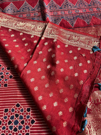 PRISHA:MADDER,HANDBLOCK AJRAKH DOLA SILK SAREE WITH MEENAKARI PALLU.