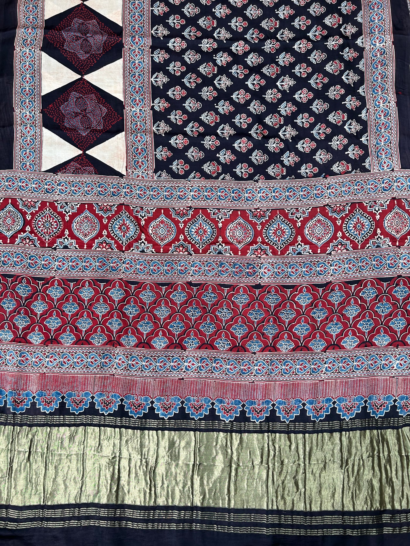GARNET: Handblock Modal Silk Tissue Ajrakh Saree