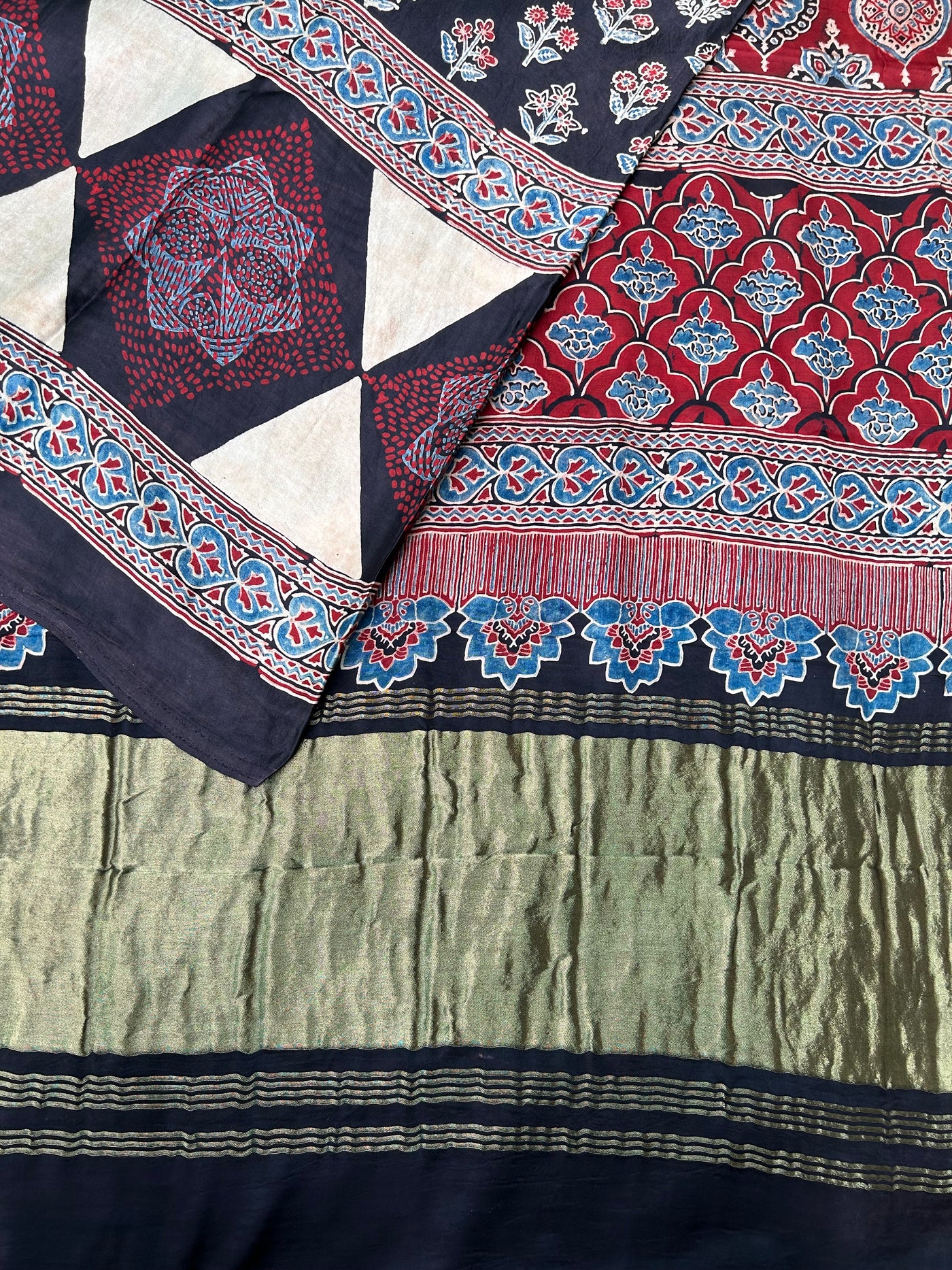GARNET: Handblock Modal Silk Tissue Ajrakh Saree