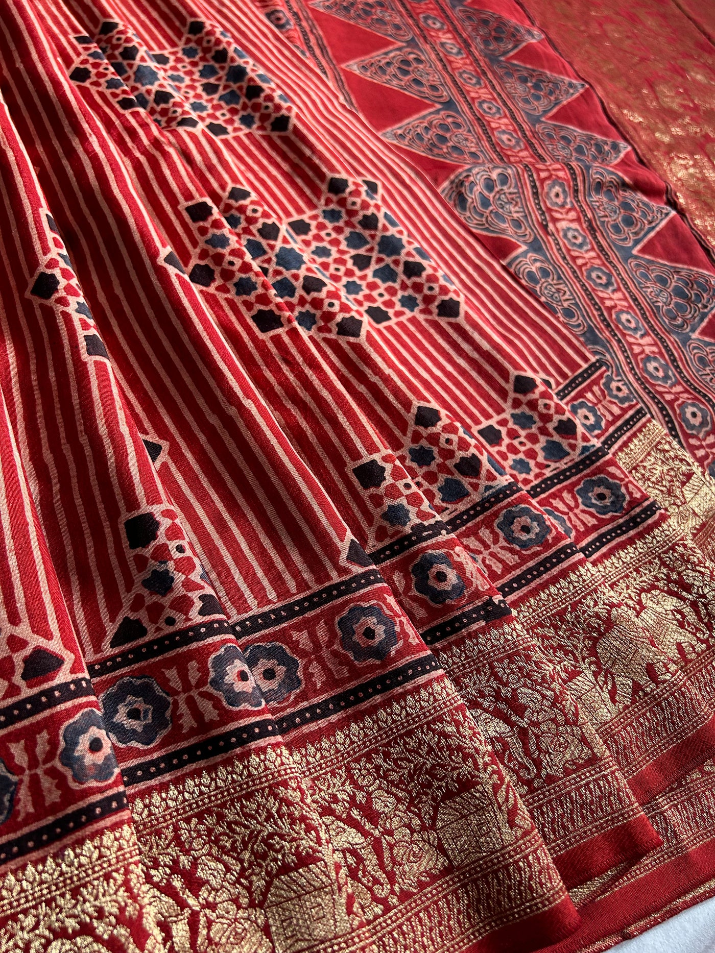 PRISHA:MADDER,HANDBLOCK AJRAKH DOLA SILK SAREE WITH MEENAKARI PALLU.