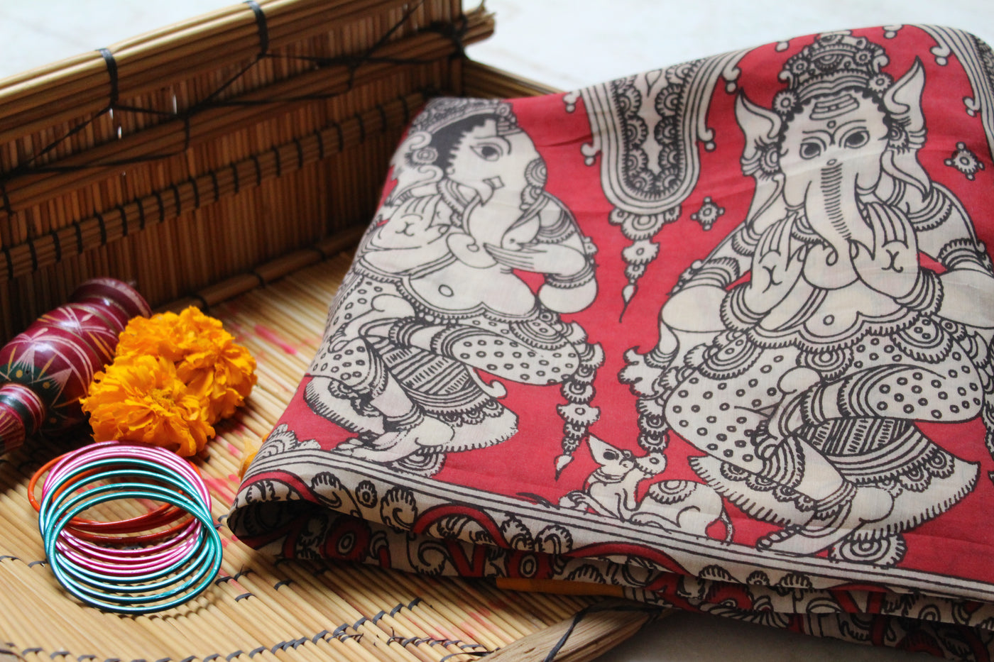 GANESHA: HANDPAINTED CHENNUR SILK KALAMKARI SAREE