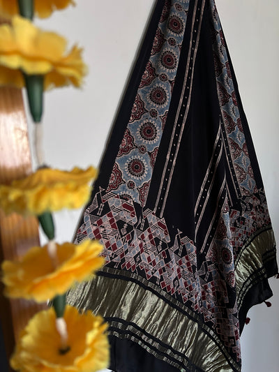 BLACK GOLD: AJRAKH MODAL SILK TISSUE DUPATTA