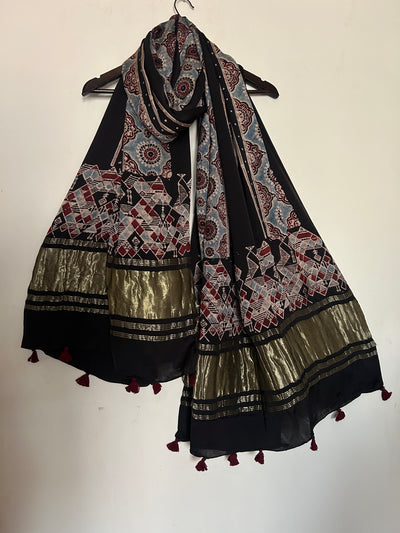 BLACK GOLD: AJRAKH MODAL SILK TISSUE DUPATTA