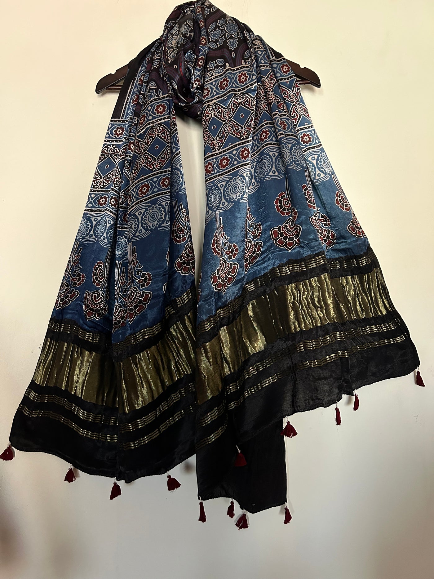 NEEL KAMAL : Tissue Modal Silk Ajrakh Dupatta