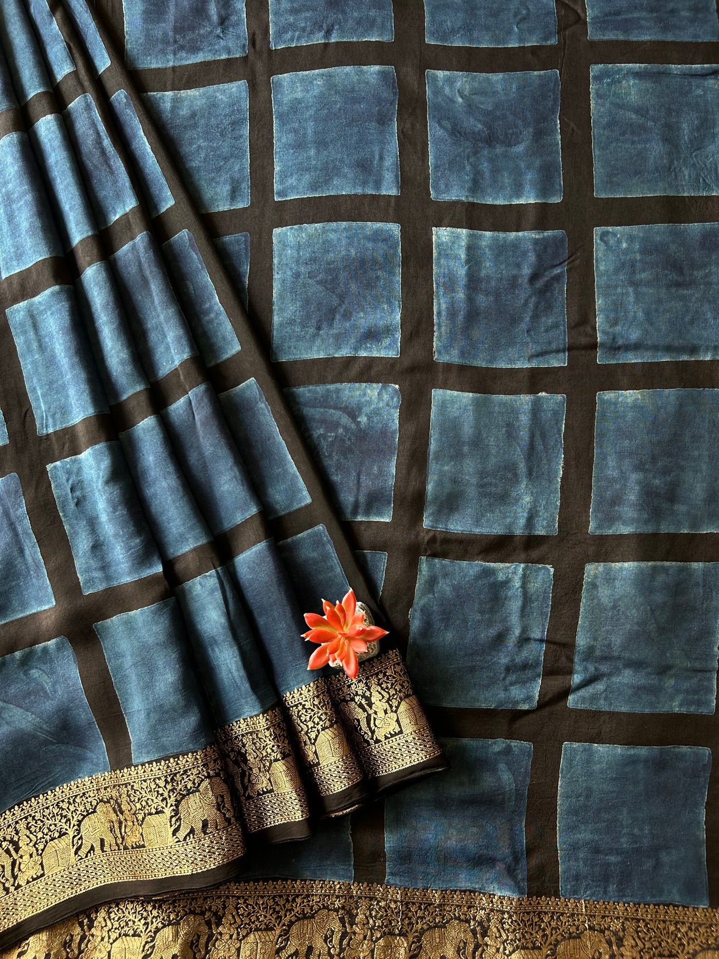 Umrao:Handblock Ajrakh Dola Silk Saree with Meenakari Pallu