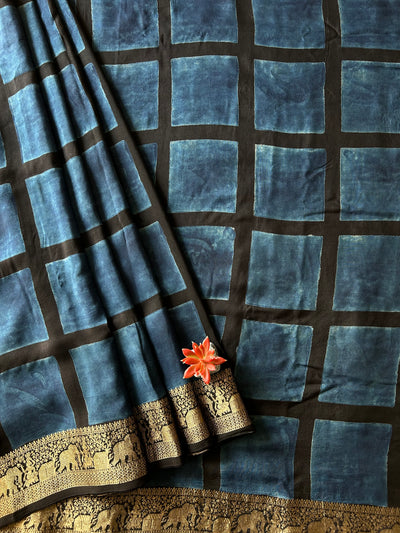 Umrao:Handblock Ajrakh Dola Silk Saree with Meenakari Pallu