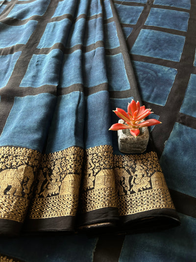 Umrao:Handblock Ajrakh Dola Silk Saree with Meenakari Pallu