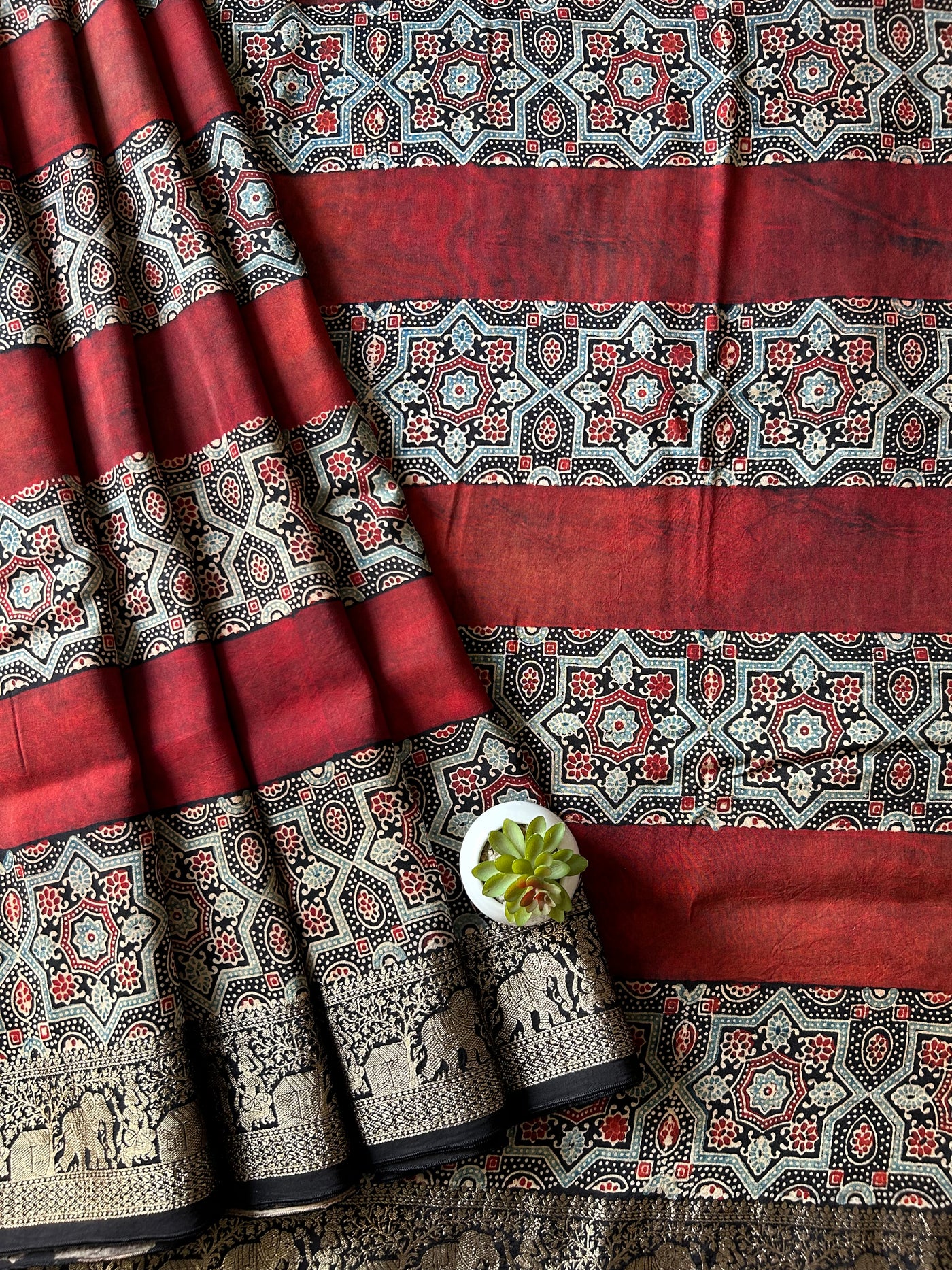 Damyanti:Handblock Ajrakh Dola Silk Saree with Meenakari Pallu