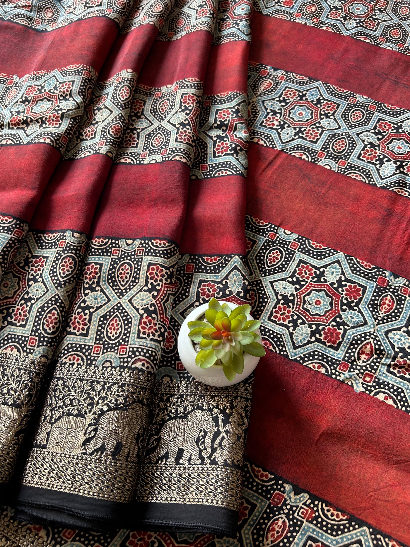 Damyanti:Handblock Ajrakh Dola Silk Saree with Meenakari Pallu