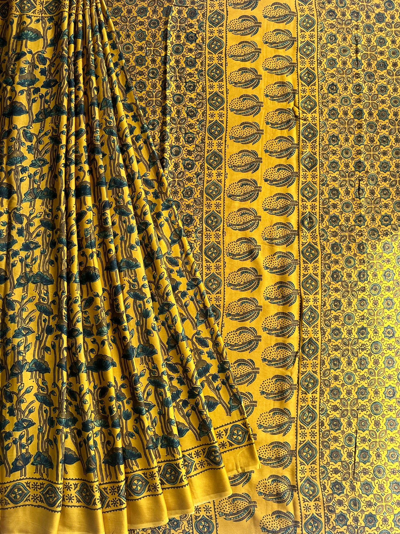 Sanyukta: YELLOW,Handblock Ajrakh Modal Silk Saree