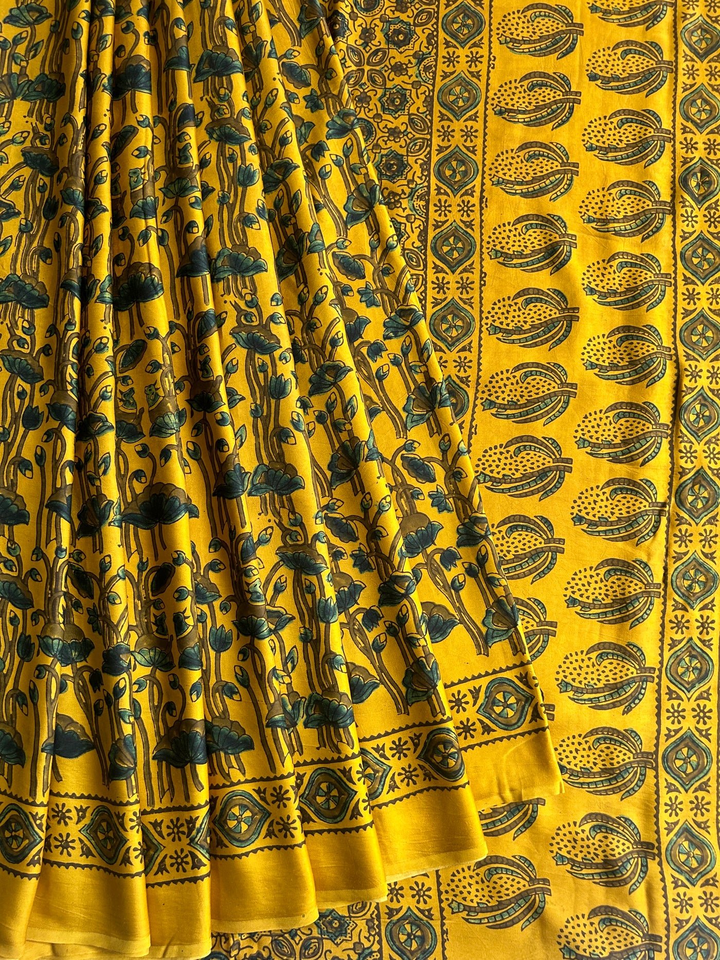 Sanyukta: YELLOW,Handblock Ajrakh Modal Silk Saree