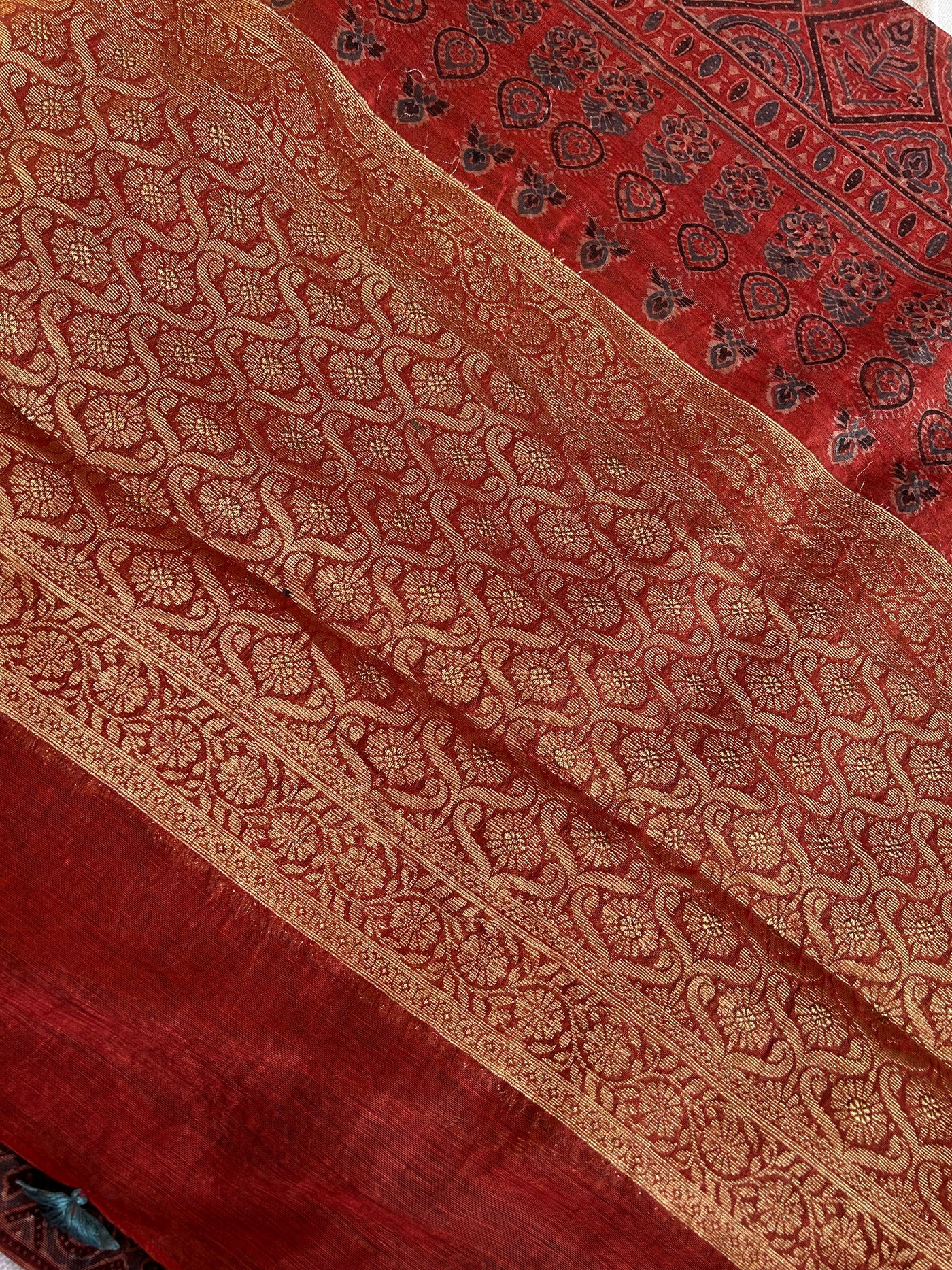AHILYAA: HANDBLOCK AJRAKH PURE SILK-LINEN SAREE with MEENAKARI BORDER