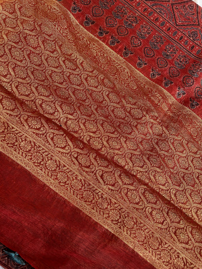 AHILYAA: HANDBLOCK AJRAKH PURE SILK-LINEN SAREE with MEENAKARI BORDER