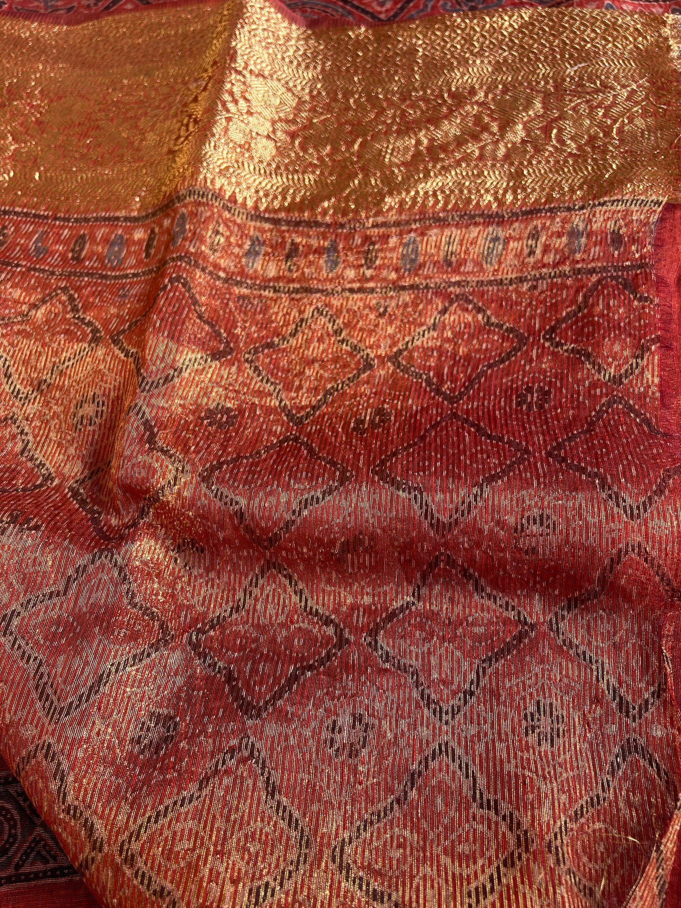 AHILYAA: HANDBLOCK AJRAKH PURE SILK-LINEN SAREE with MEENAKARI BORDER