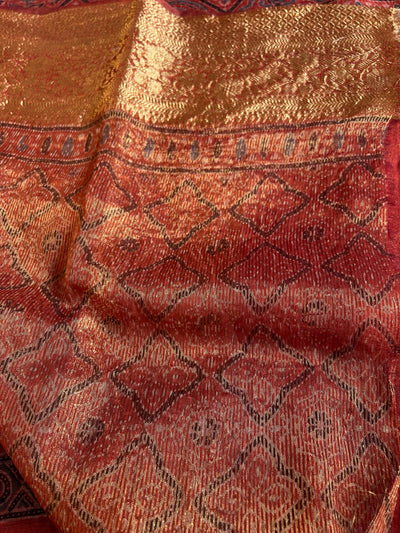 AHILYAA: HANDBLOCK AJRAKH PURE SILK-LINEN SAREE with MEENAKARI BORDER