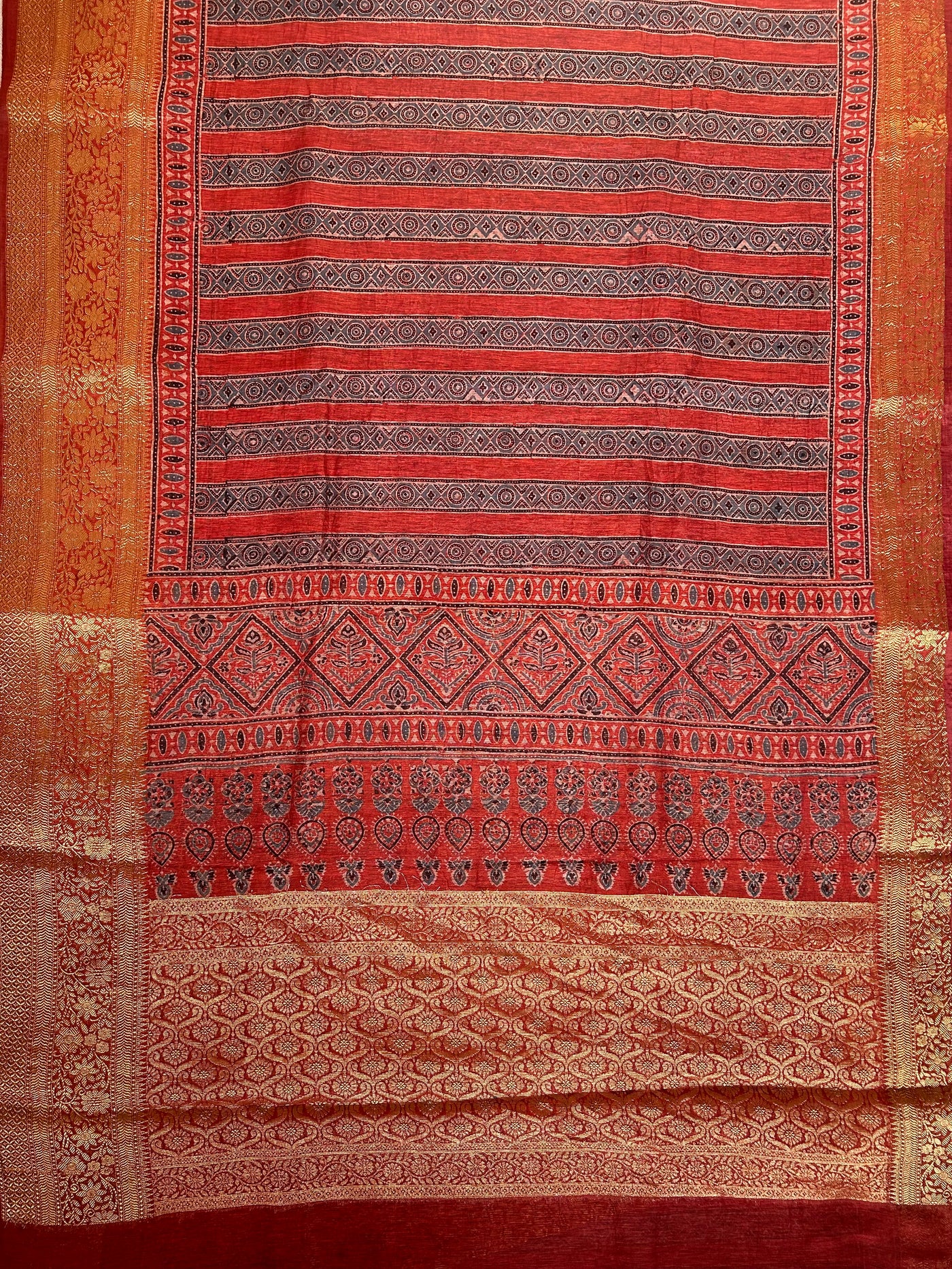 AHILYAA: HANDBLOCK AJRAKH PURE SILK-LINEN SAREE with MEENAKARI BORDER