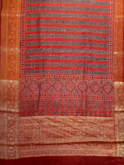 AHILYAA: HANDBLOCK AJRAKH PURE SILK-LINEN SAREE with MEENAKARI BORDER