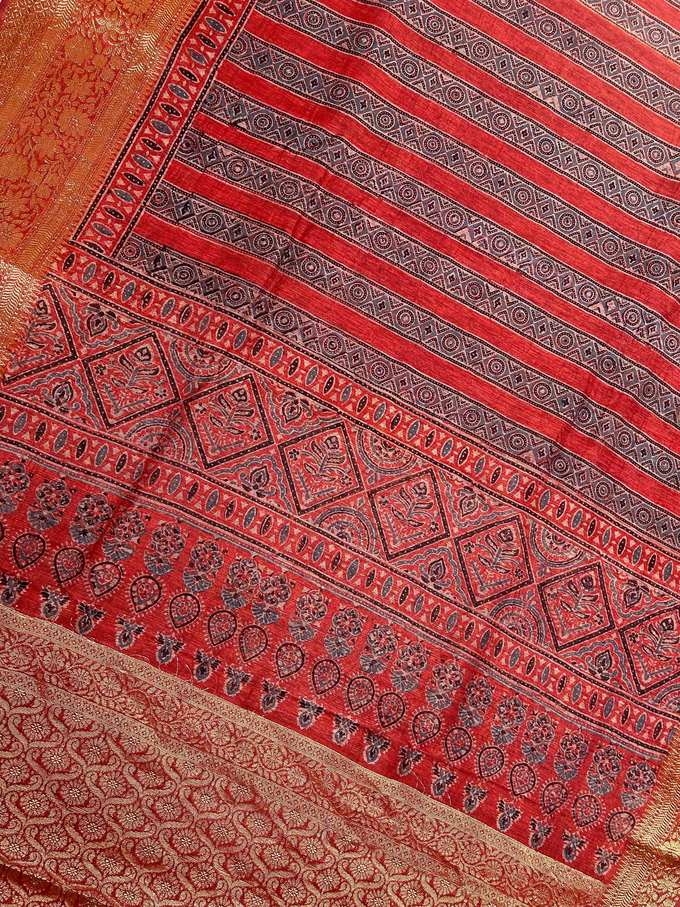 AHILYAA: HANDBLOCK AJRAKH PURE SILK-LINEN SAREE with MEENAKARI BORDER