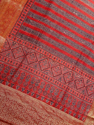 AHILYAA: HANDBLOCK AJRAKH PURE SILK-LINEN SAREE with MEENAKARI BORDER