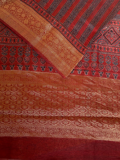 AHILYAA: HANDBLOCK AJRAKH PURE SILK-LINEN SAREE with MEENAKARI BORDER