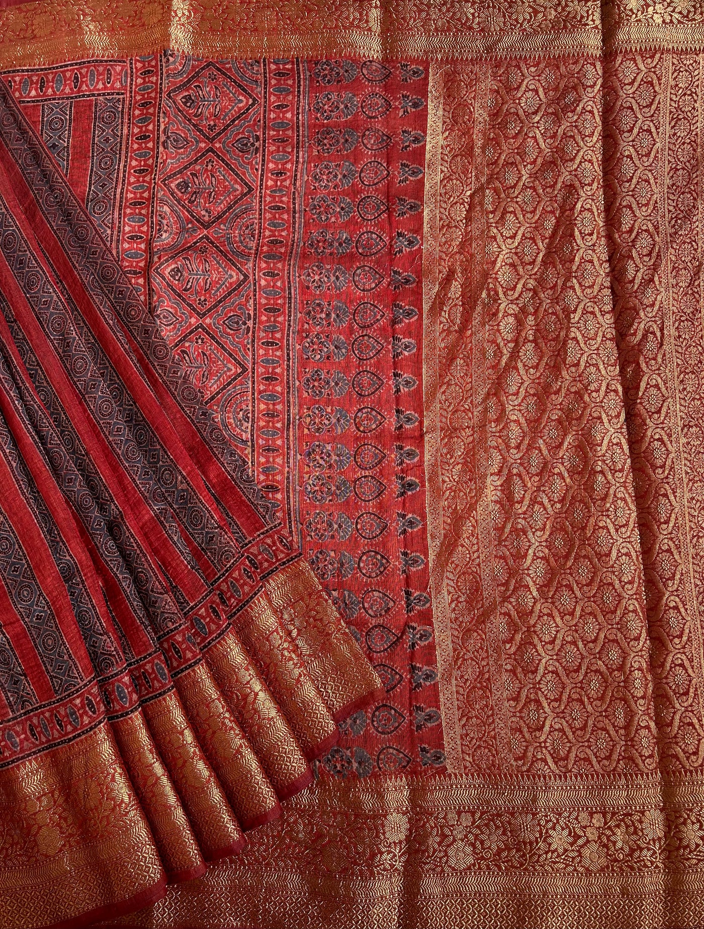 AHILYAA: HANDBLOCK AJRAKH PURE SILK-LINEN SAREE with MEENAKARI BORDER