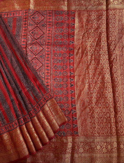 AHILYAA: HANDBLOCK AJRAKH PURE SILK-LINEN SAREE with MEENAKARI BORDER