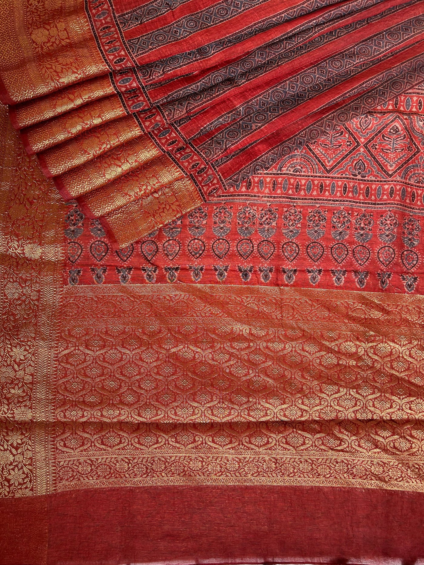 AHILYAA: HANDBLOCK AJRAKH PURE SILK-LINEN SAREE with MEENAKARI BORDER
