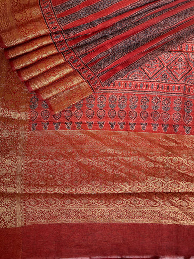 AHILYAA: HANDBLOCK AJRAKH PURE SILK-LINEN SAREE with MEENAKARI BORDER