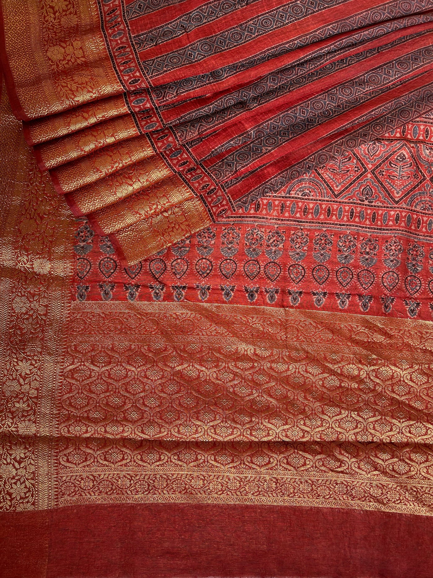 AHILYAA: HANDBLOCK AJRAKH PURE SILK-LINEN SAREE with MEENAKARI BORDER