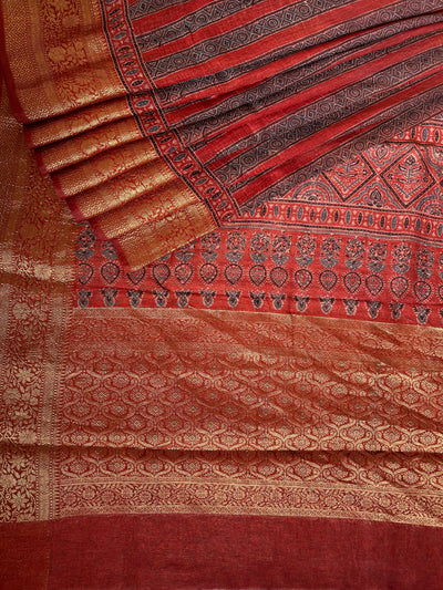 AHILYAA: HANDBLOCK AJRAKH PURE SILK-LINEN SAREE with MEENAKARI BORDER