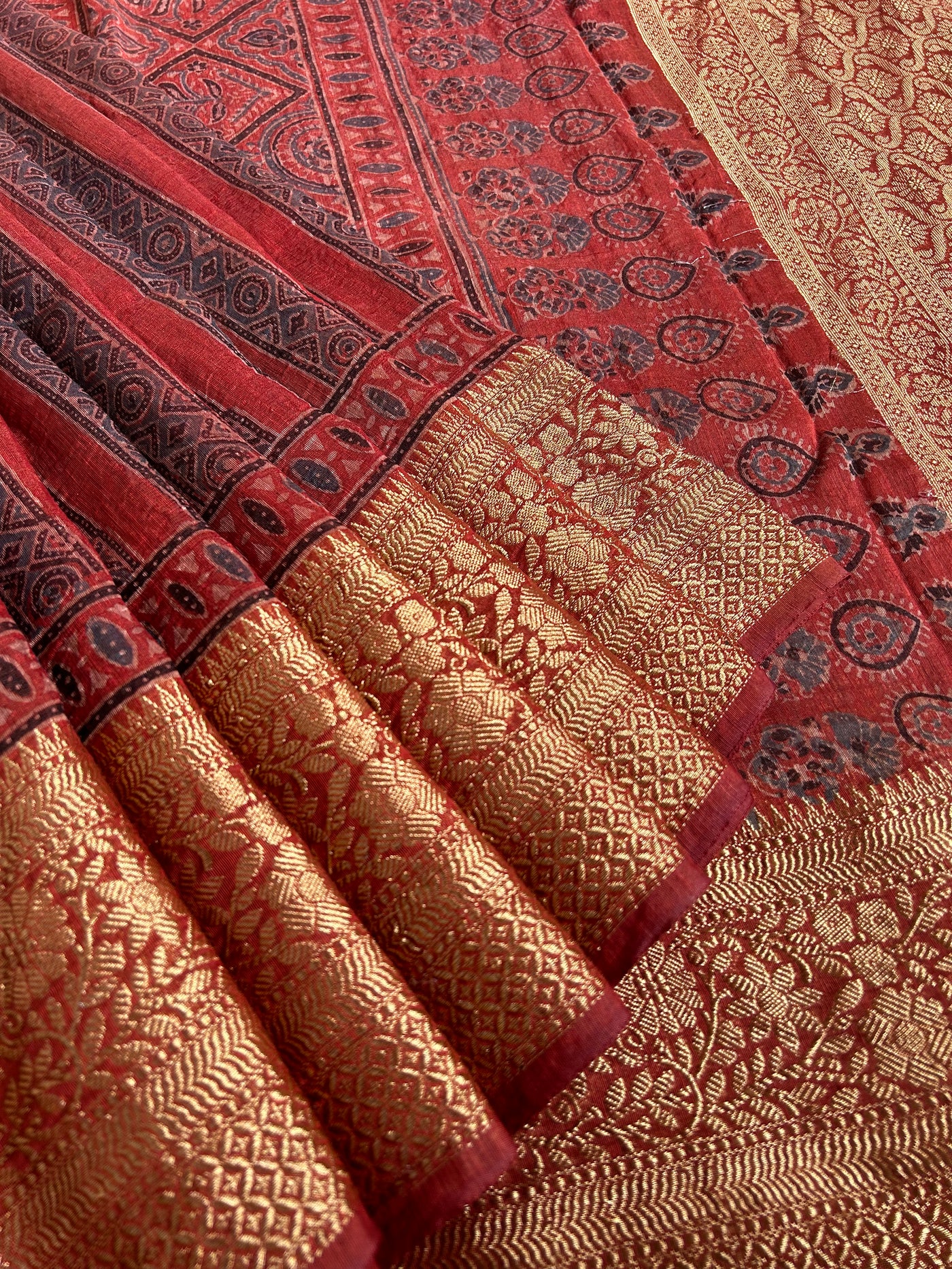 AHILYAA: HANDBLOCK AJRAKH PURE SILK-LINEN SAREE with MEENAKARI BORDER