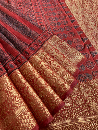 AHILYAA: HANDBLOCK AJRAKH PURE SILK-LINEN SAREE with MEENAKARI BORDER