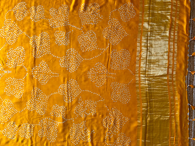 Madhubala: Yellow, Handmade Designer Bandhani Modal Silk Tissue Pallu Saree