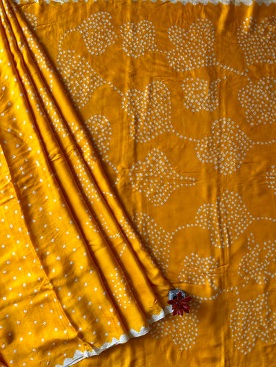 Madhubala: Yellow, Handmade Designer Bandhani Modal Silk Tissue Pallu Saree